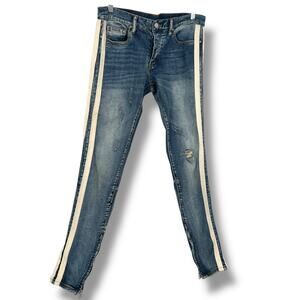 MNMI Men's Moto Style Button Fly Jeans 31 Tuxedo Stripes Indie Grunge Rockstar